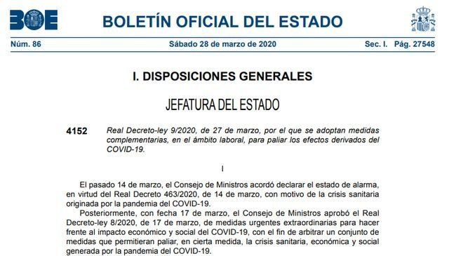 Real Decreto Ley 9/2020, de 27 de marzo, por el que adoptan medidas complementarias en el ámbito laboral para paliar los efectos derivados del COVID-19